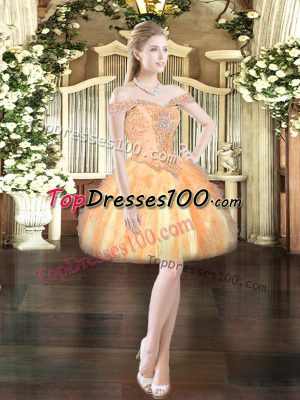 Mini Length Orange Red Homecoming Dress Off The Shoulder Sleeveless Lace Up