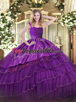Fitting Straps Sleeveless Satin and Organza Quinceanera Dress Embroidery and Ruffled Layers Zipper
