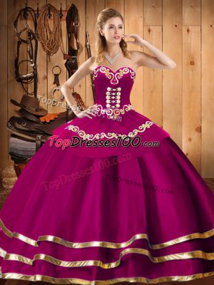 Traditional Floor Length Lace Up Vestidos de Quinceanera Fuchsia for Military Ball and Sweet 16 and Quinceanera with Embroidery