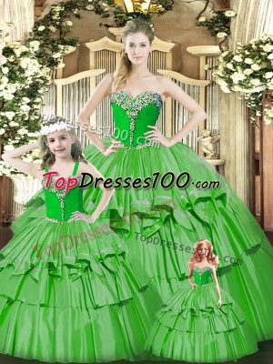 Green Sleeveless Organza Lace Up Ball Gown Prom Dress for Military Ball and Sweet 16 and Quinceanera