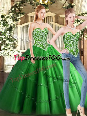 Dynamic Floor Length Lace Up Sweet 16 Dresses Green for Military Ball and Sweet 16 and Quinceanera with Beading