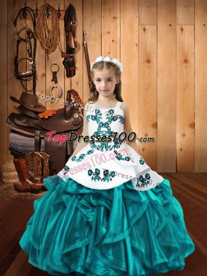 Custom Design Ball Gowns Party Dress for Girls Teal Straps Organza Sleeveless Floor Length Lace Up