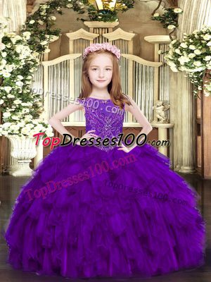 Beading and Ruffles Girls Pageant Dresses Purple Zipper Sleeveless Floor Length