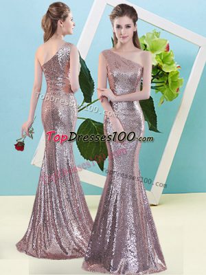 Chic Pink Sleeveless Sequins Floor Length Dress for Prom