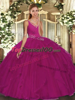 Fuchsia Quince Ball Gowns Military Ball and Sweet 16 and Quinceanera with Ruffles V-neck Sleeveless Backless