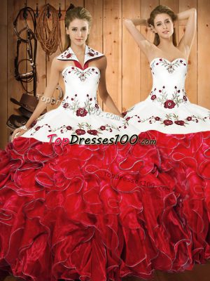 Extravagant Sleeveless Satin and Organza Floor Length Lace Up Quinceanera Dresses in White And Red with Embroidery and Ruffles