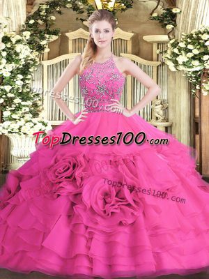 Sleeveless Floor Length Beading and Ruffled Layers Zipper Quinceanera Gowns with Hot Pink