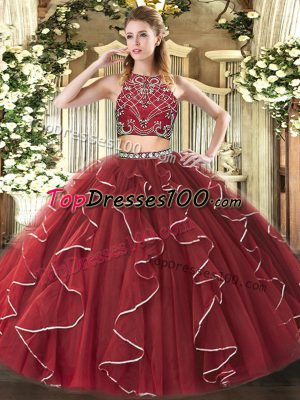 Noble Sleeveless Floor Length Beading and Ruffles Zipper Quinceanera Gown with Burgundy