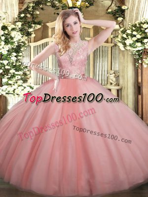 Lovely Floor Length Baby Pink Sweet 16 Dresses Tulle Sleeveless Lace