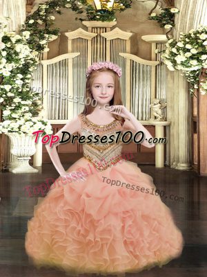 Enchanting Scoop Sleeveless Party Dress for Toddlers Floor Length Beading and Ruffles and Pick Ups Orange Organza