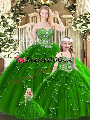 Custom Fit Tulle Sleeveless Floor Length 15th Birthday Dress and Beading and Ruffles