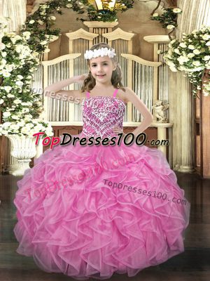 Rose Pink Ball Gowns Straps Sleeveless Organza Floor Length Lace Up Beading and Ruffles Kids Pageant Dress
