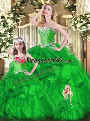 Green Sleeveless Floor Length Beading and Ruffles Lace Up Quinceanera Dresses