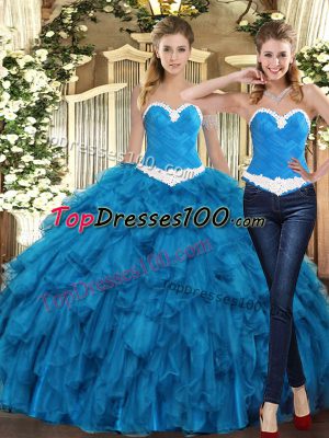 Teal Tulle Lace Up Sweetheart Sleeveless Floor Length 15 Quinceanera Dress Ruffles