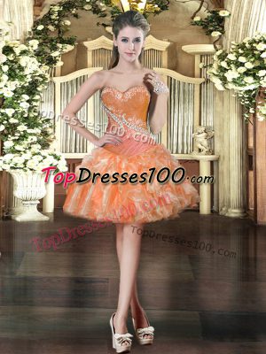 Orange Organza Lace Up Sleeveless Mini Length Beading and Ruffles