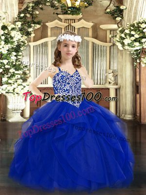 Ball Gowns Party Dress Wholesale Royal Blue Straps Tulle Sleeveless Floor Length Lace Up