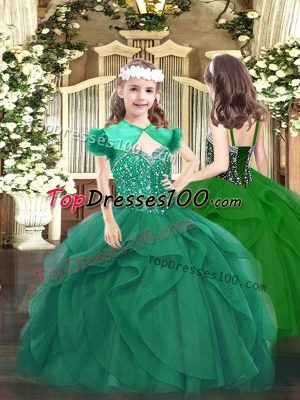 Dark Green Straps Lace Up Beading and Ruffles Little Girl Pageant Dress Sleeveless