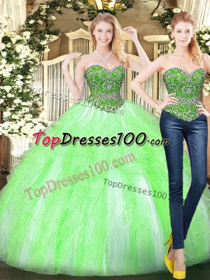 New Style Yellow Green Tulle Lace Up Quince Ball Gowns Sleeveless Floor Length Beading and Ruffles