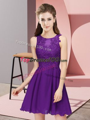Discount Sleeveless Chiffon Mini Length Zipper Bridesmaid Gown in Purple with Appliques