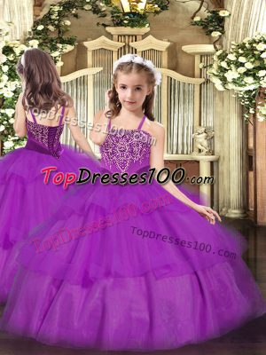 Stylish Purple Straps Neckline Beading and Ruffled Layers Pageant Dress for Teens Sleeveless Lace Up