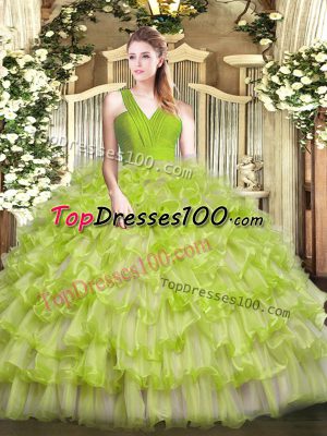 Floor Length Zipper Sweet 16 Quinceanera Dress Yellow Green for Military Ball and Sweet 16 and Quinceanera with Ruffled Layers