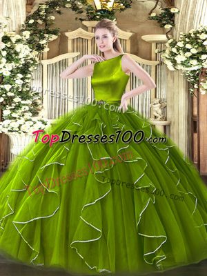 Exquisite Olive Green Clasp Handle Scoop Ruffles Sweet 16 Quinceanera Dress Organza Sleeveless