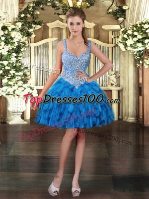 Fantastic Blue Sleeveless Beading and Ruffles Mini Length Prom Gown