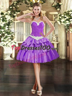Sleeveless Organza Mini Length Lace Up Prom Dresses in Eggplant Purple with Appliques and Ruffled Layers