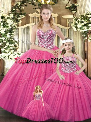 Fantastic Hot Pink Lace Up Ball Gown Prom Dress Beading Sleeveless Floor Length