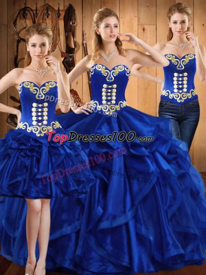 Floor Length Royal Blue Sweet 16 Dress Organza Sleeveless Embroidery and Ruffles