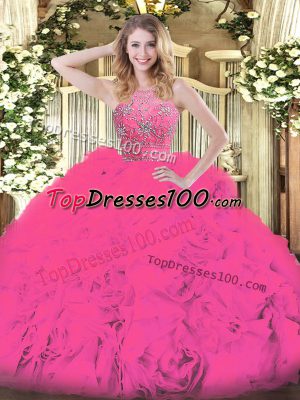 Super Hot Pink Halter Top Neckline Beading and Ruffles Quince Ball Gowns Sleeveless Zipper