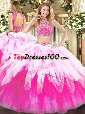 Lovely Multi-color Tulle Backless Vestidos de Quinceanera Sleeveless Floor Length Beading and Ruffles
