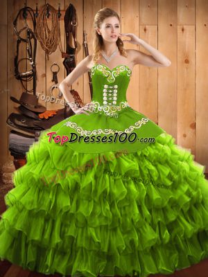 Customized Satin and Organza Lace Up Sweetheart Sleeveless Floor Length Sweet 16 Dresses Embroidery and Ruffled Layers