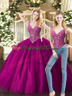 Sophisticated Fuchsia Tulle Lace Up V-neck Sleeveless Floor Length Quinceanera Gown Beading