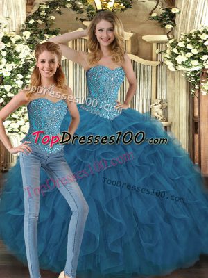 Dazzling Teal Sweet 16 Dress Military Ball and Sweet 16 and Quinceanera with Beading and Ruffles Sweetheart Sleeveless Lace Up