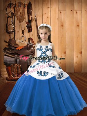 Classical Blue Sleeveless Floor Length Embroidery Lace Up Juniors Party Dress