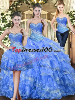 High End Sleeveless Tulle Floor Length Lace Up Quinceanera Dress in Baby Blue with Beading and Ruffles