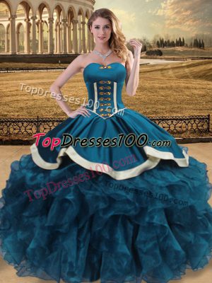 Teal Sweetheart Lace Up Beading and Ruffles Ball Gown Prom Dress Sleeveless