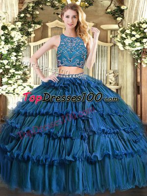 Teal Sleeveless Tulle Zipper Quinceanera Dress for Military Ball and Sweet 16 and Quinceanera