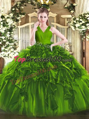 Charming Olive Green Organza Zipper V-neck Sleeveless Floor Length Quinceanera Gowns Ruffles