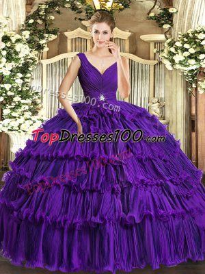 Custom Fit Floor Length Backless 15th Birthday Dress Purple for Sweet 16 and Quinceanera with Beading and Ruffled Layers