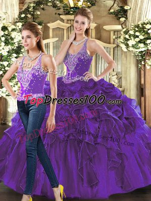 Purple Straps Lace Up Beading and Ruffles Quinceanera Gowns Sleeveless