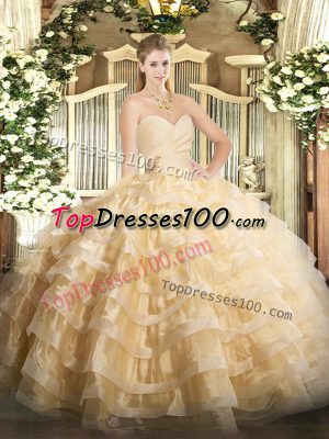 Stunning Floor Length Champagne 15 Quinceanera Dress Organza Sleeveless Beading and Ruffled Layers