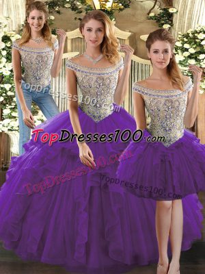 Dramatic Floor Length Three Pieces Sleeveless Purple Vestidos de Quinceanera Lace Up