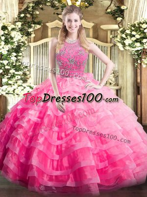 Vintage Sleeveless Organza Floor Length Zipper Quince Ball Gowns in Rose Pink with Beading and Ruffled Layers