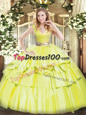 Beading and Ruffled Layers Quinceanera Dress Yellow Green Zipper Sleeveless Floor Length