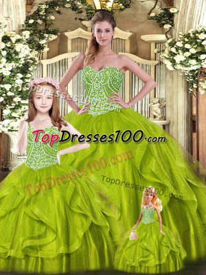 Olive Green Sleeveless Floor Length Beading and Ruffles Lace Up Quinceanera Gown