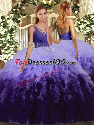 V-neck Sleeveless Tulle 15 Quinceanera Dress Beading and Ruffles Lace Up