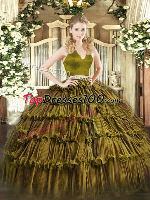 Floor Length Two Pieces Sleeveless Olive Green Ball Gown Prom Dress Zipper