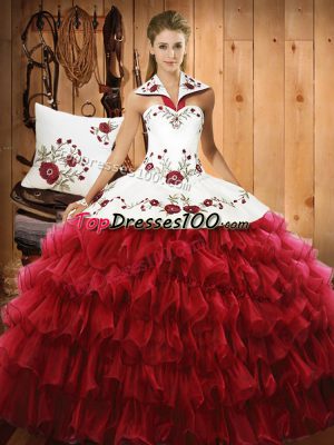 Trendy Wine Red Halter Top Neckline Embroidery and Ruffled Layers 15th Birthday Dress Sleeveless Lace Up